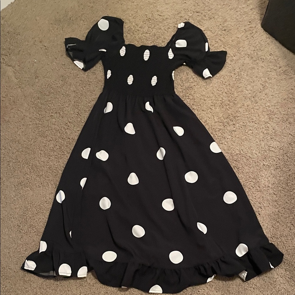 Black Polka Dot Puff Sleeve Midi Dress